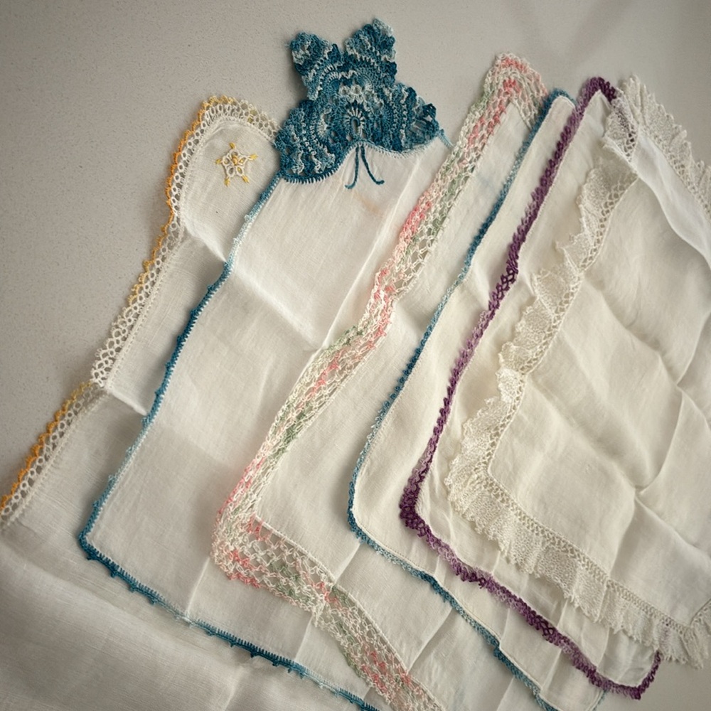 6 Vintage hand crocheted, one lace edged women’s handkerchiefs.